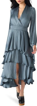 Steve Madden Bei Long Sleeve Tiered Satin Midi Dress