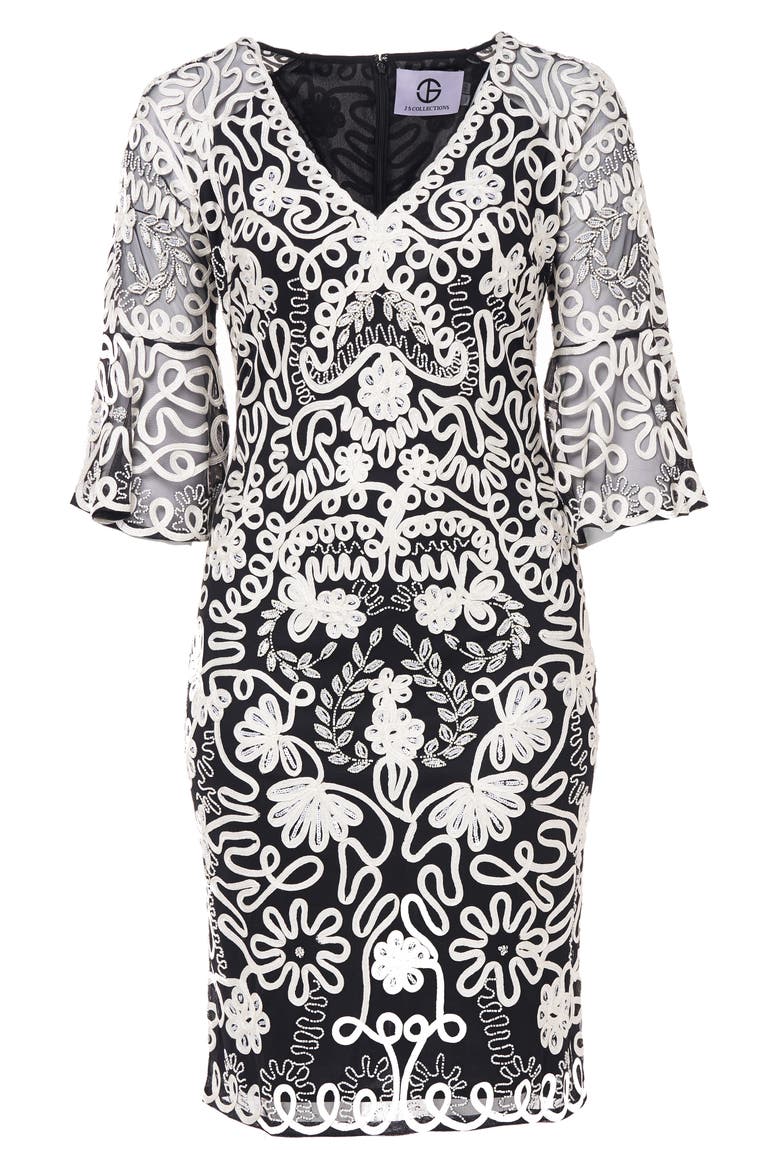 Bell Sleeve Mesh Shift Dress, Alternate, color, IVORY BLACK