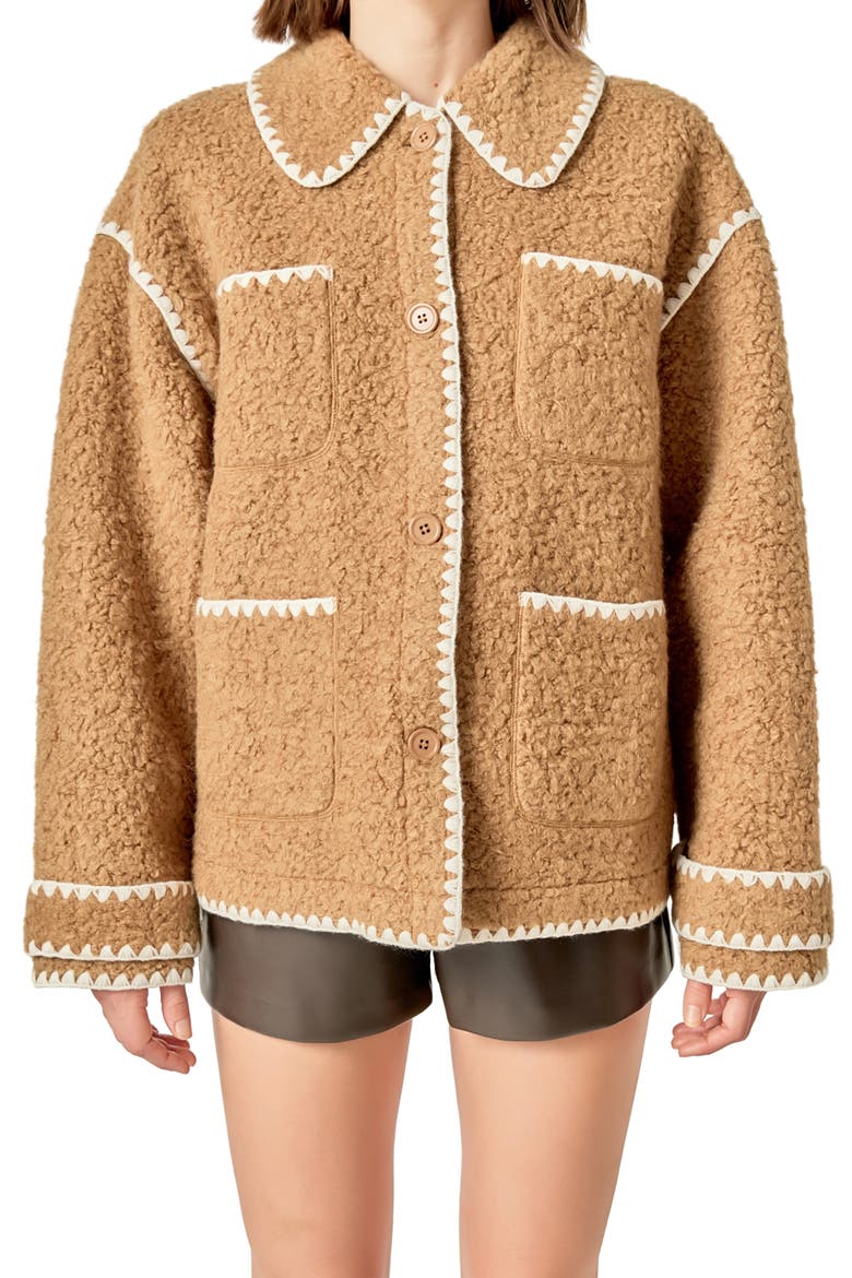 Embroidered Faux Shearling Jacket, Alternate, color, TAN