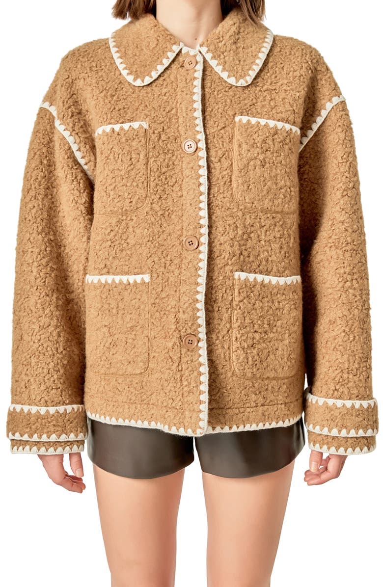English Factory Embroidered Faux Shearling Jacket, Alternate, color, Tan