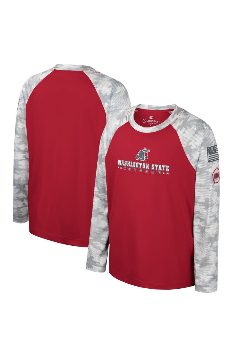 COLOSSEUM Youth Colosseum Crimson/Camo Washington State Cougars OHT Military Appreciation Dark Star Raglan Long Sleeve T-Shirt, Main, color, Crimson