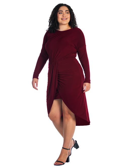 24seven Comfort Apparel Long Sleeve Dressy Tulip Skirt Knee Length Dress In Burgundy