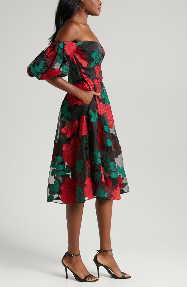 Marchesa Notte Floral Puff Sleeve Off the Shoulder Dress, Alternate, color, Black Combo