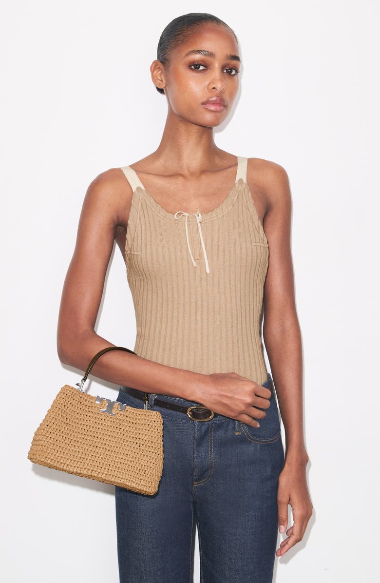 Tory Burch Mini Eleanor Raffia Satchel, Alternate, color, Honeycomb