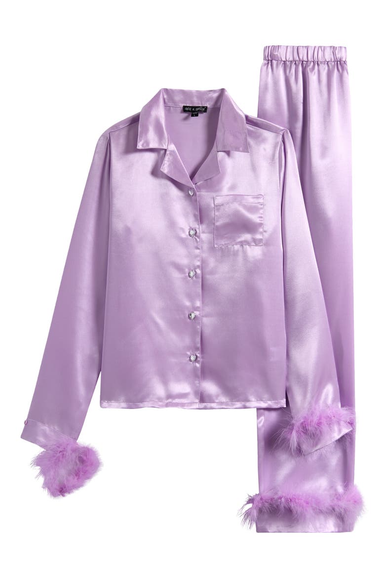 Kids' Faux Fur Trim Satin Pajamas, Main, color, LAVENDER