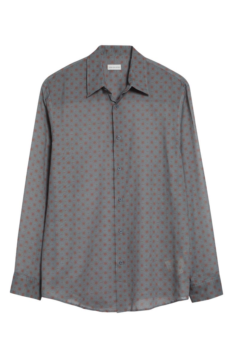 Dries Van Noten Caper Print Cotton Poplin Button-Up Shirt, Main, color, Steel