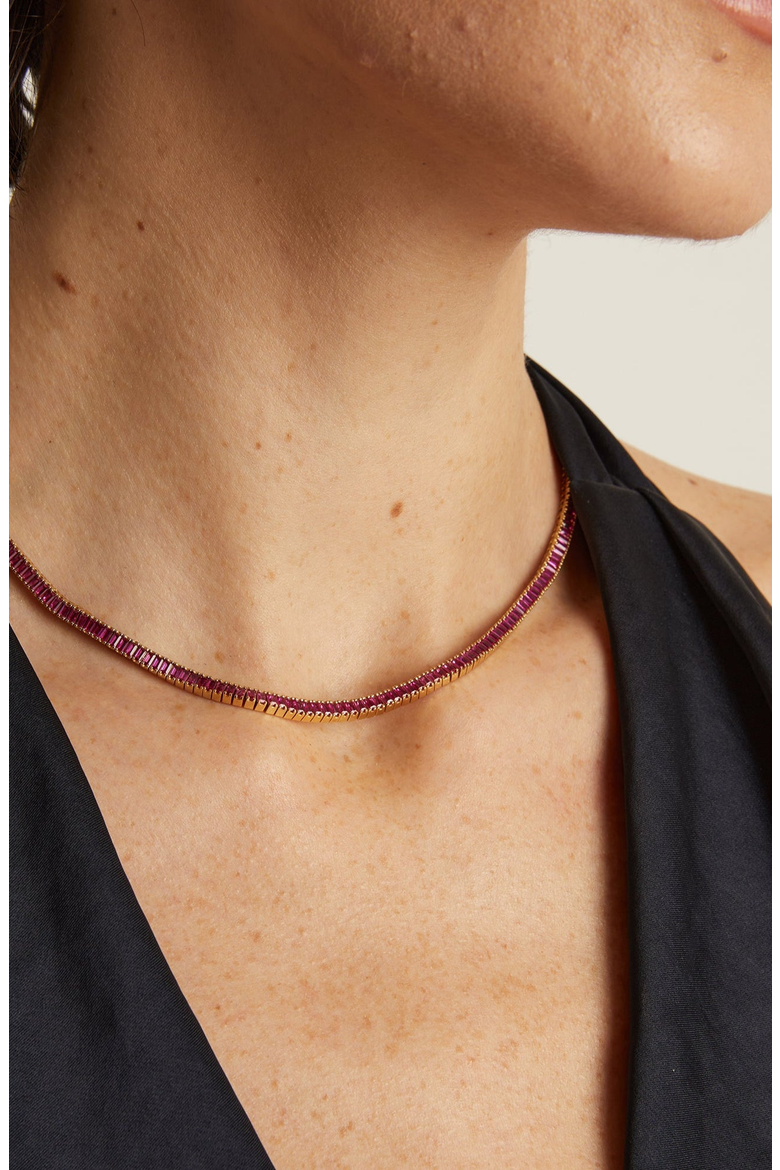 Lab Grown Red Ruby Baguette Tennis Necklace, Alternate, color, Yellow Gold Vermeil