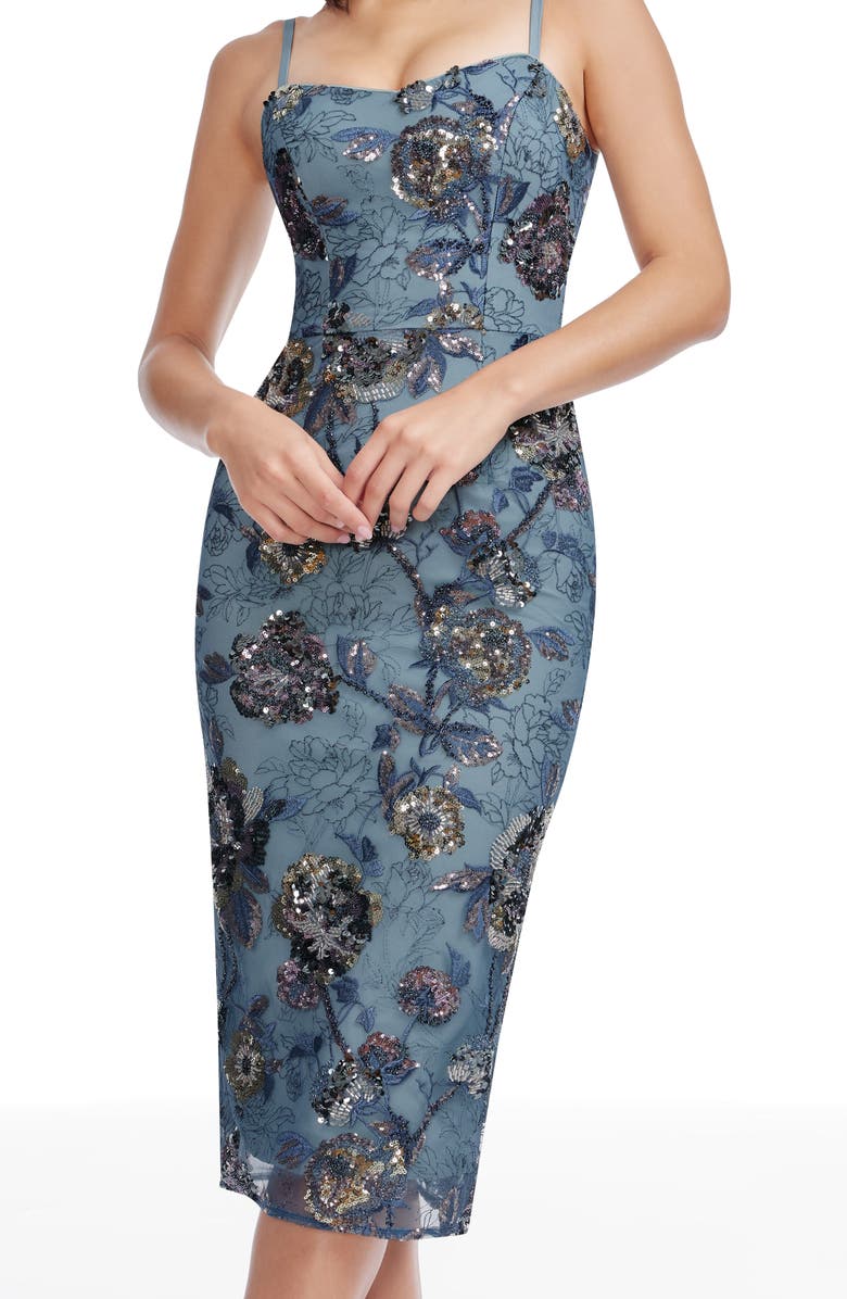 Dress the Population Blakely Floral Embroidery Midi Dress, Alternate, color, Graphite Blue Multi
