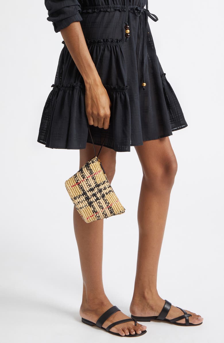Burberry Margate Check Raffia Pouch, Alternate, color, Sand