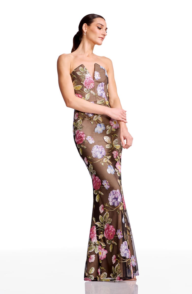Dress the Population Fernanda Embroidered Floral Strapless Gown, Alternate, color, Black Multi