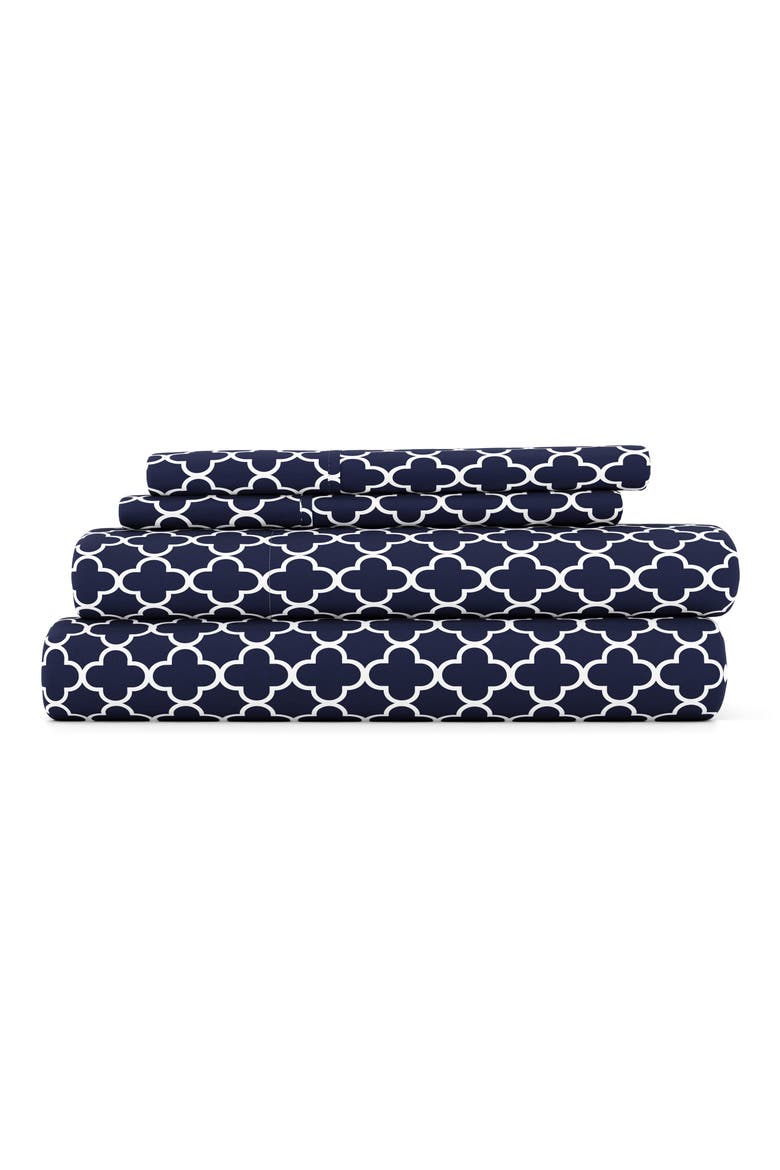 HOME SPUN Premium Ultra Soft Quatrefoil Pattern 4-Piece Bed Sheet Set, Main, color, NAVY