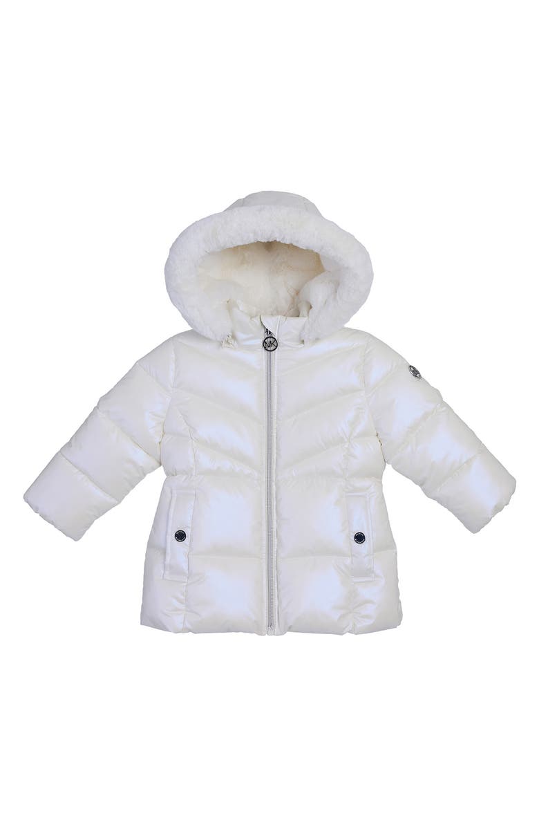 Michael Kors Iridescent Faux Fur Hooded Stadium Coat, Main, color, Winter White