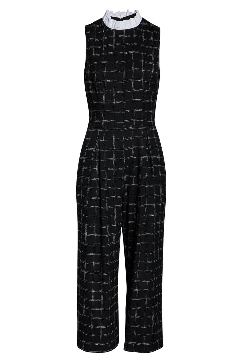 Windowpane Plaid Ruffle Collar Crop Jumpsuit, Alternate, color, BLACK
