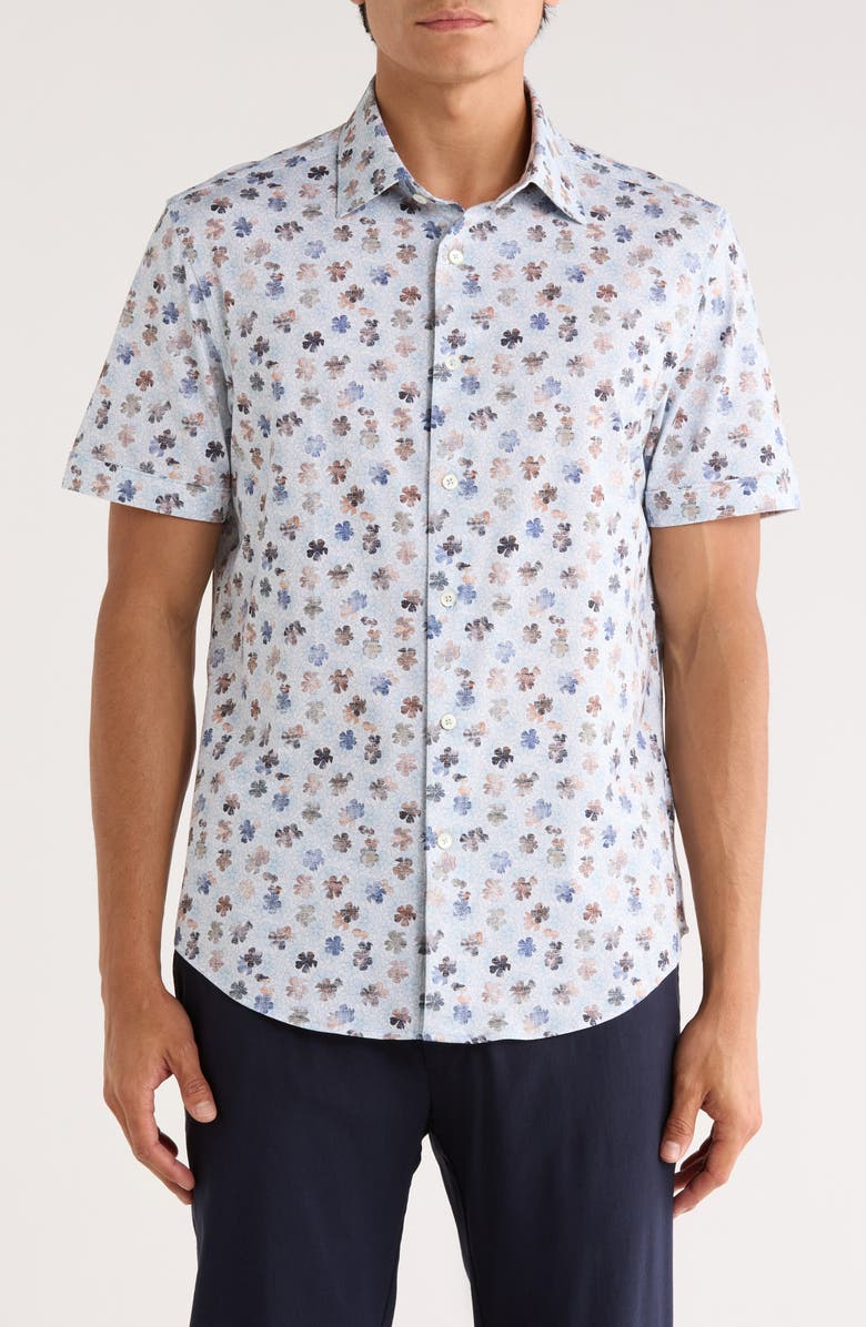 Bugatchi Miles OoohCotton<sup>®</sup> Abstract Print Short Sleeve Button-Up Shirt, Main, color, Classic Blue