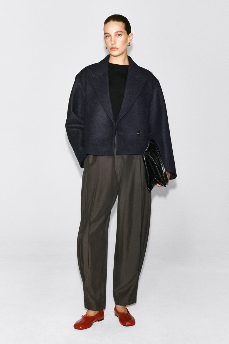 Oversized Cropped Boiled Wool-Blend Blazer, Alternate, color, NAVY