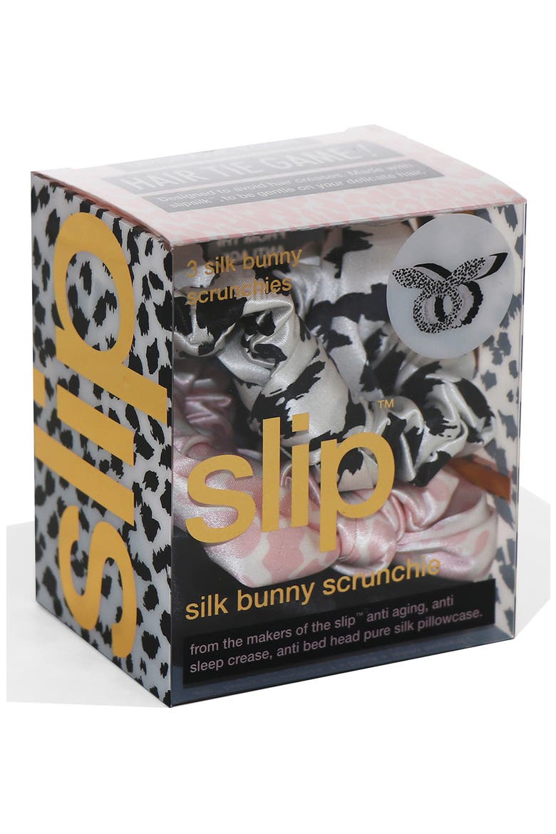 Pure Silk 3-Pack Bunny Hair Ties, Alternate, color, BLK/WHITE LEOPARD/PINK LEOPARD