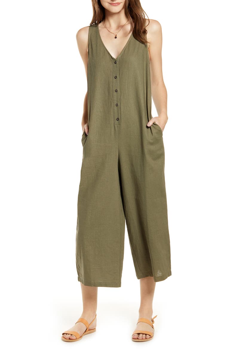 Button Front Jumpsuit, Main, color, OLIVE BURNT