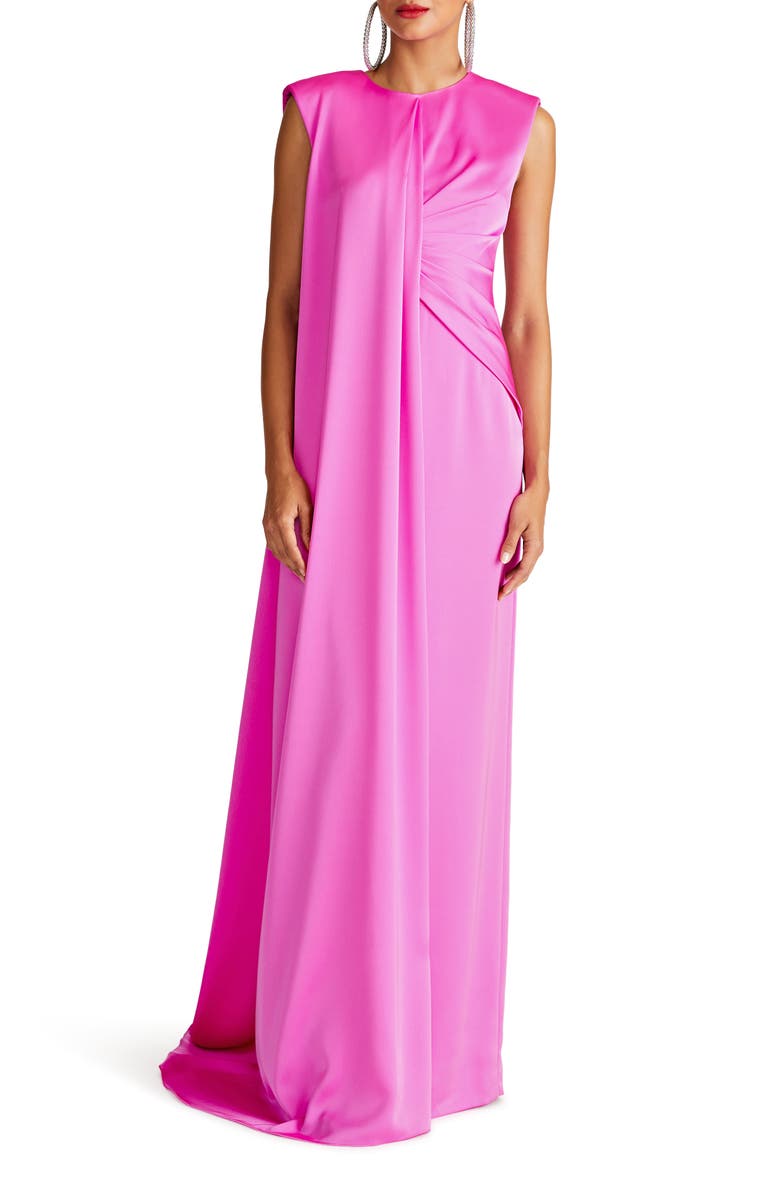 HALSTON Tara Pleat Drape Satin Gown, Main, color, 