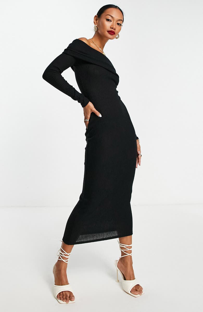 ASOS DESIGN Off the Shoulder Long Sleeve Rib Dress, Main, color,