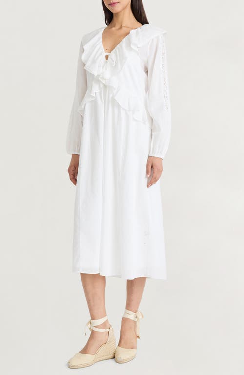 The Good Journey Ruffle Long Sleeve Midi Dress In White