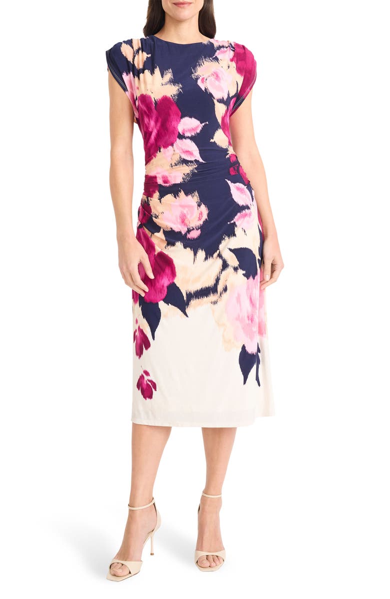 Maggy London Placement Print Cap Sleeve Midi Dress, Main, color, 