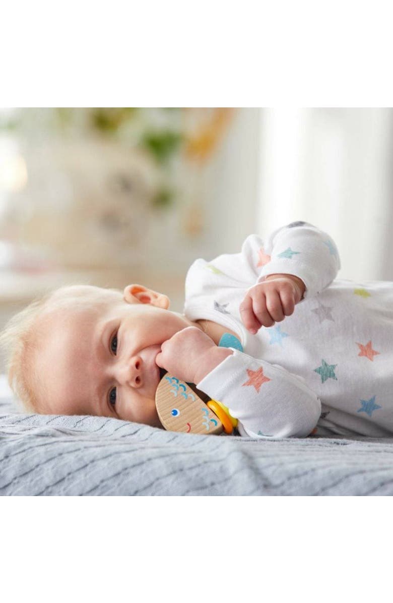 HABA Rattlefish Wooden Baby Rattle and Teething Toy with Plastic Rings, Teething Toys 6-12 months, Grasping Toy for Babies, Made in Germany, Alternate, color, Multi