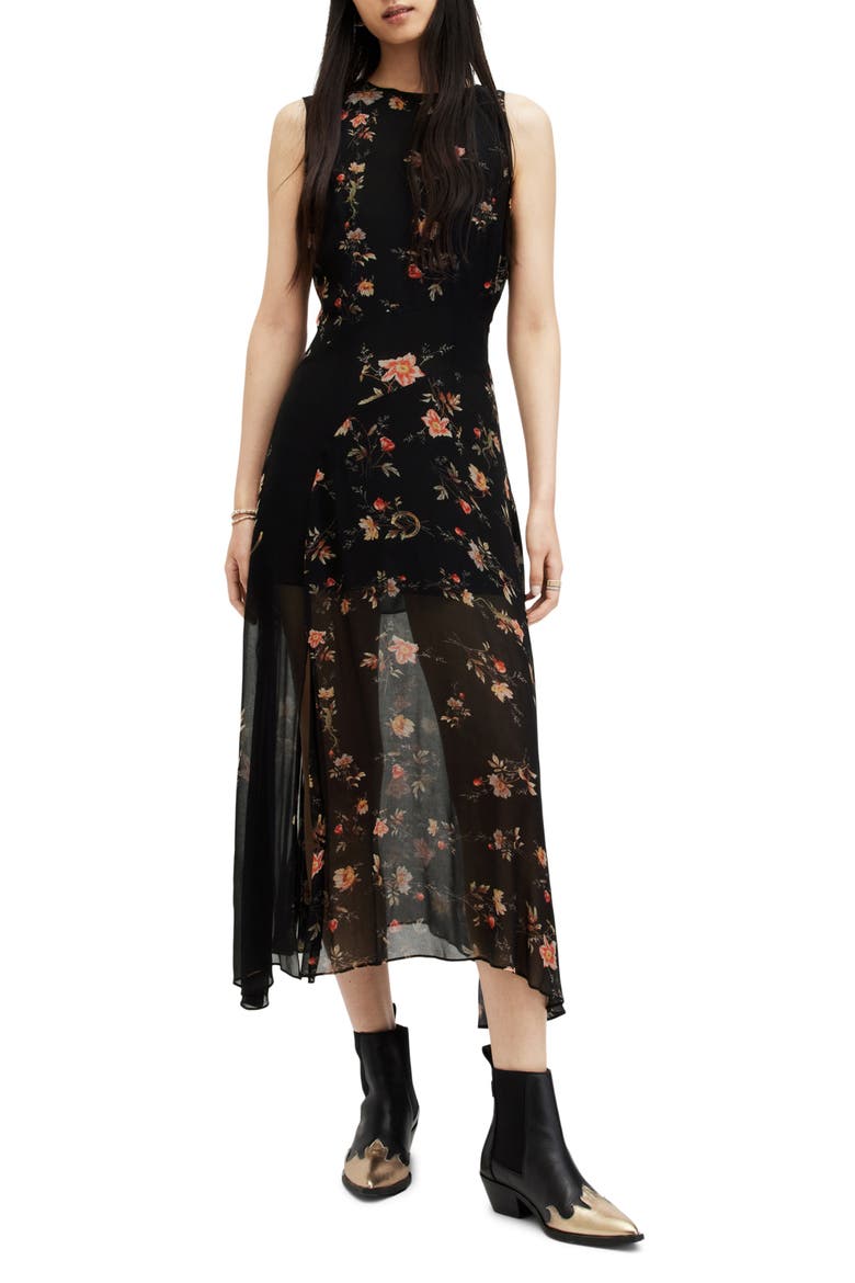 Jules Tanana Floral Chiffon Midi Dress, Main, color, BLACK