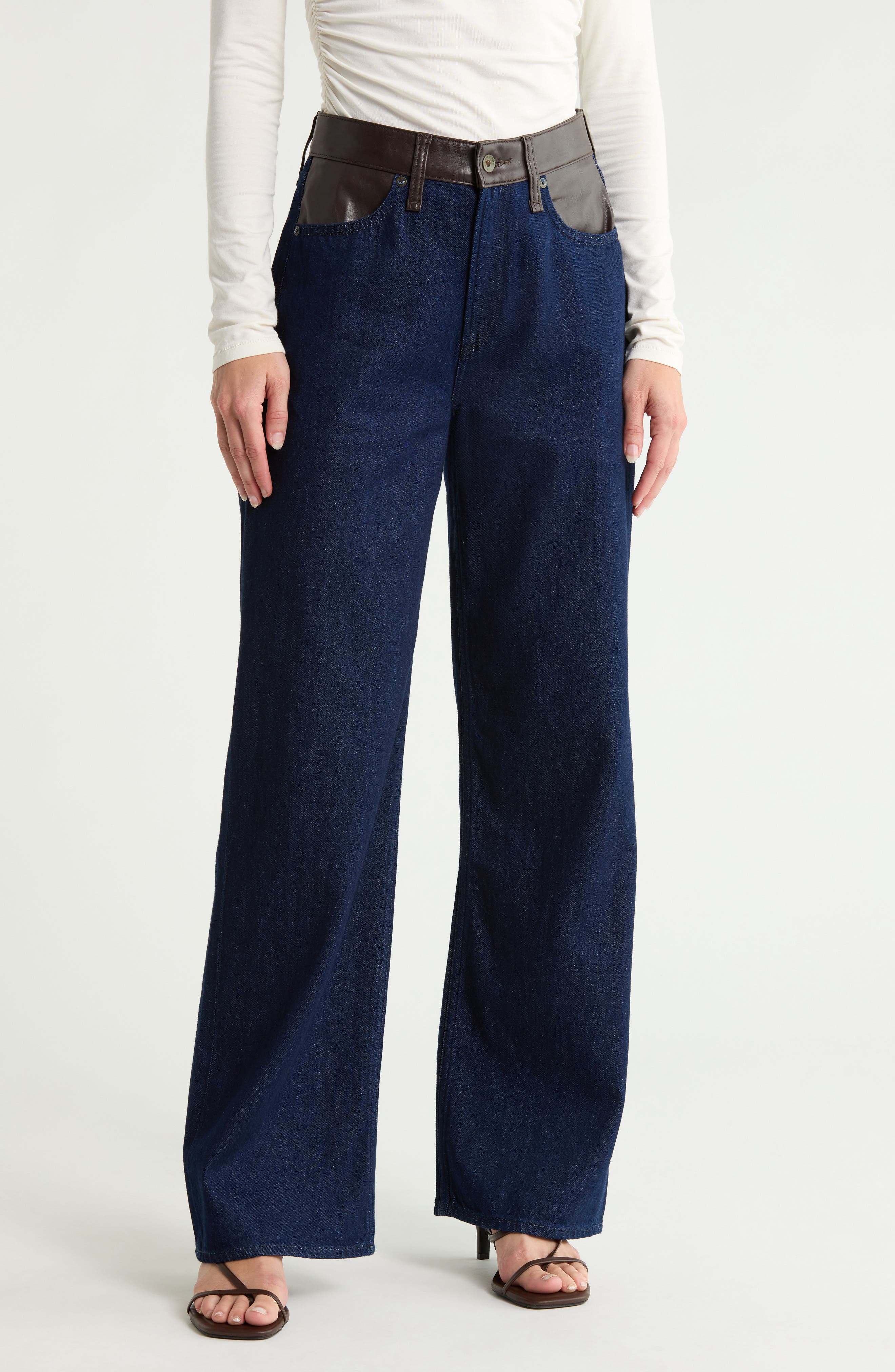Lori Faux Leather Trim Wide Leg Jeans