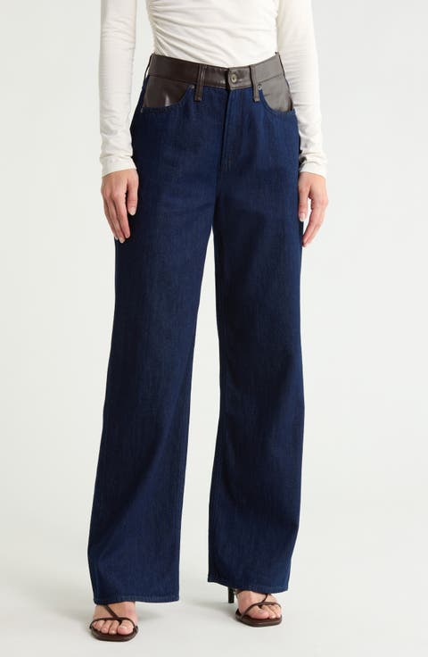 Lori Faux Leather Trim Wide Leg Jeans