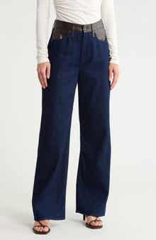 Lori Faux Leather Trim Wide Leg Jeans