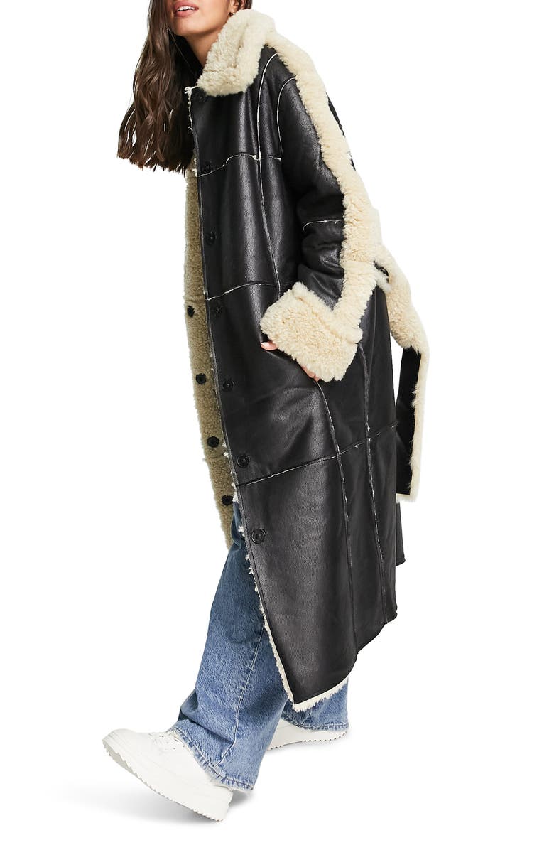 ASOS DESIGN Paneled Faux Shearling Coat, Alternate, color, 