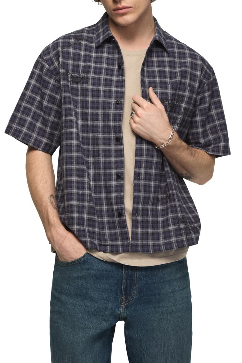 Embroidered Plaid Short Sleeve Boxy Shirt, Main, color, NAVY MULTI PLAID