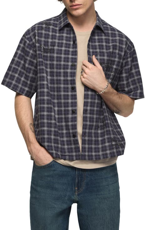 Embroidered Plaid Short Sleeve Boxy Shirt