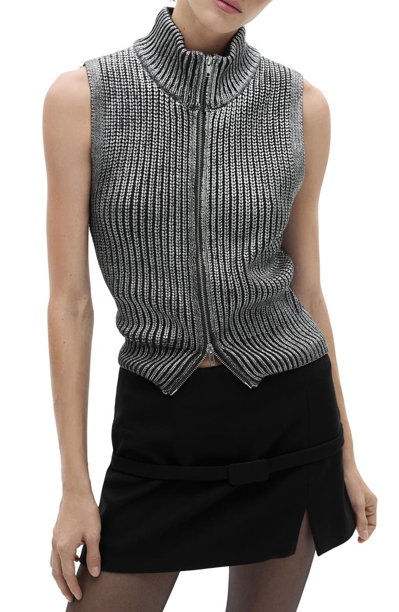 MANGO Metallic Stand Collar Zip-Up Sweater Vest, Main, color, 