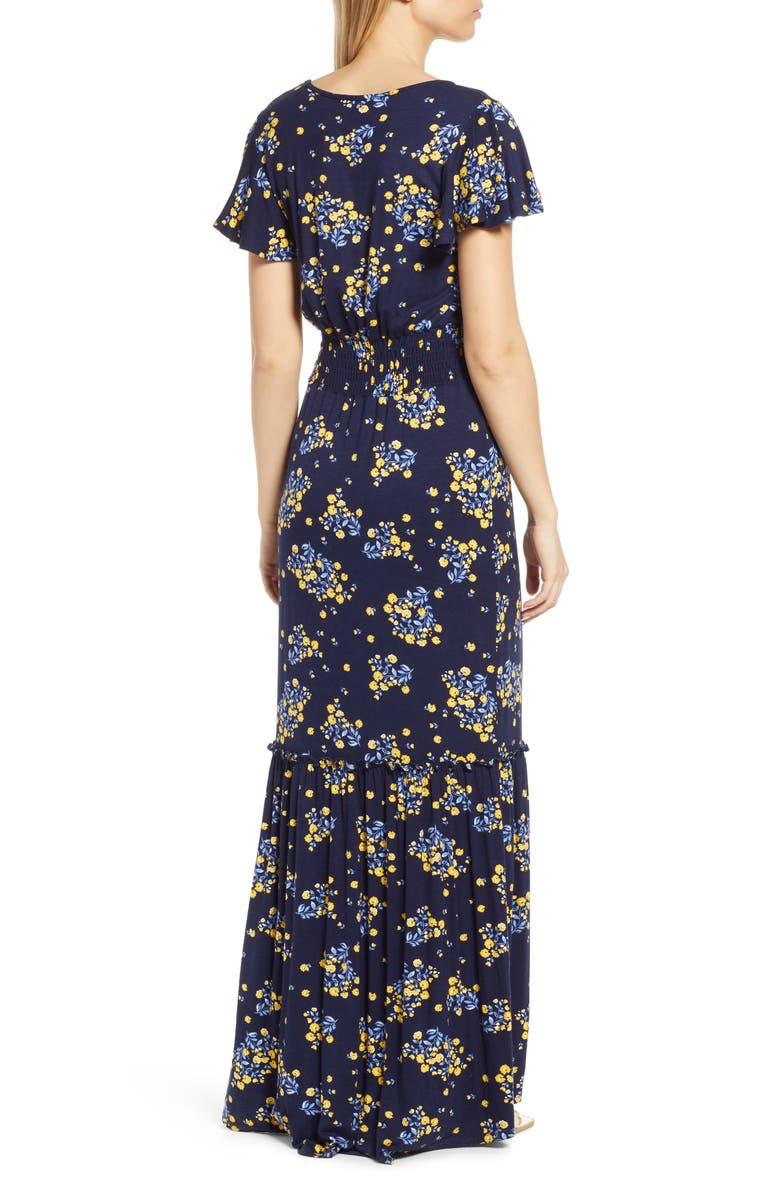 Loveappella Floral Smock Waist Knit Maxi, Alternate, color, Navy