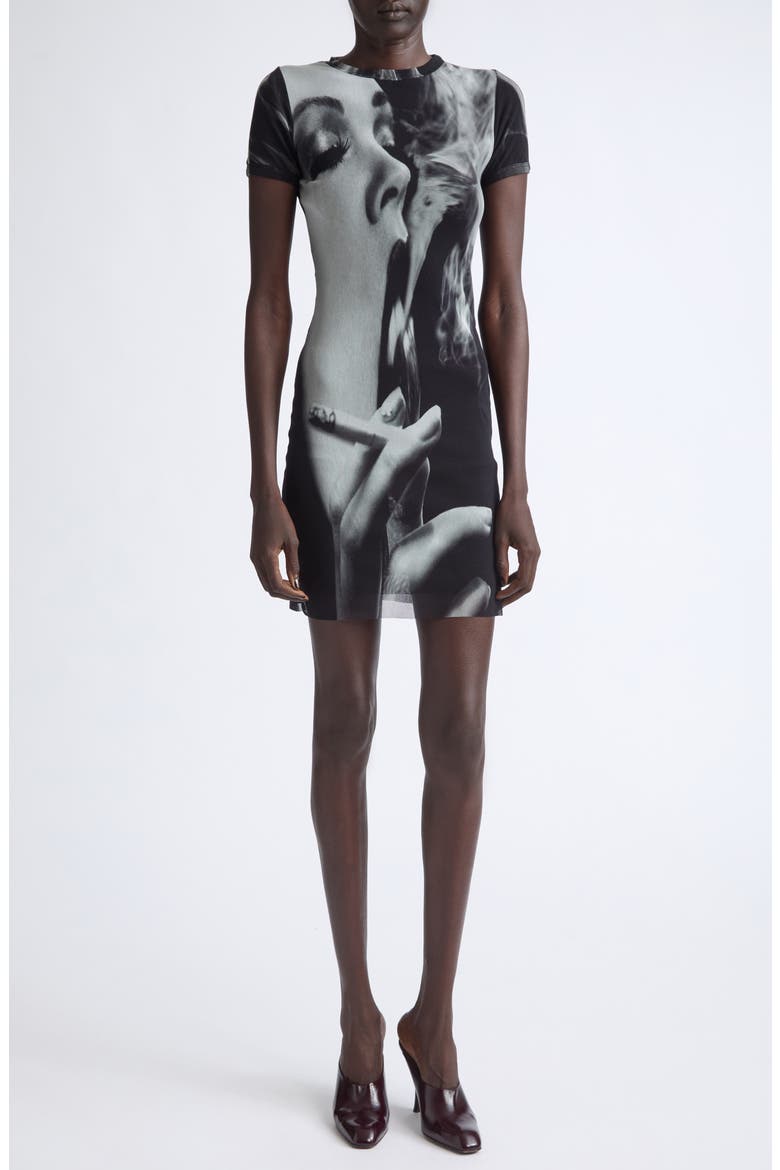 Smoking Printed Mesh Minidress, Main, color, BLACK/ GREY/ WHITE
