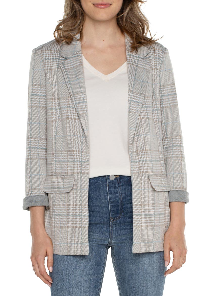 Plaid Boyfriend Blazer, Main, color, OATMEAL TURQUOISE PLAID