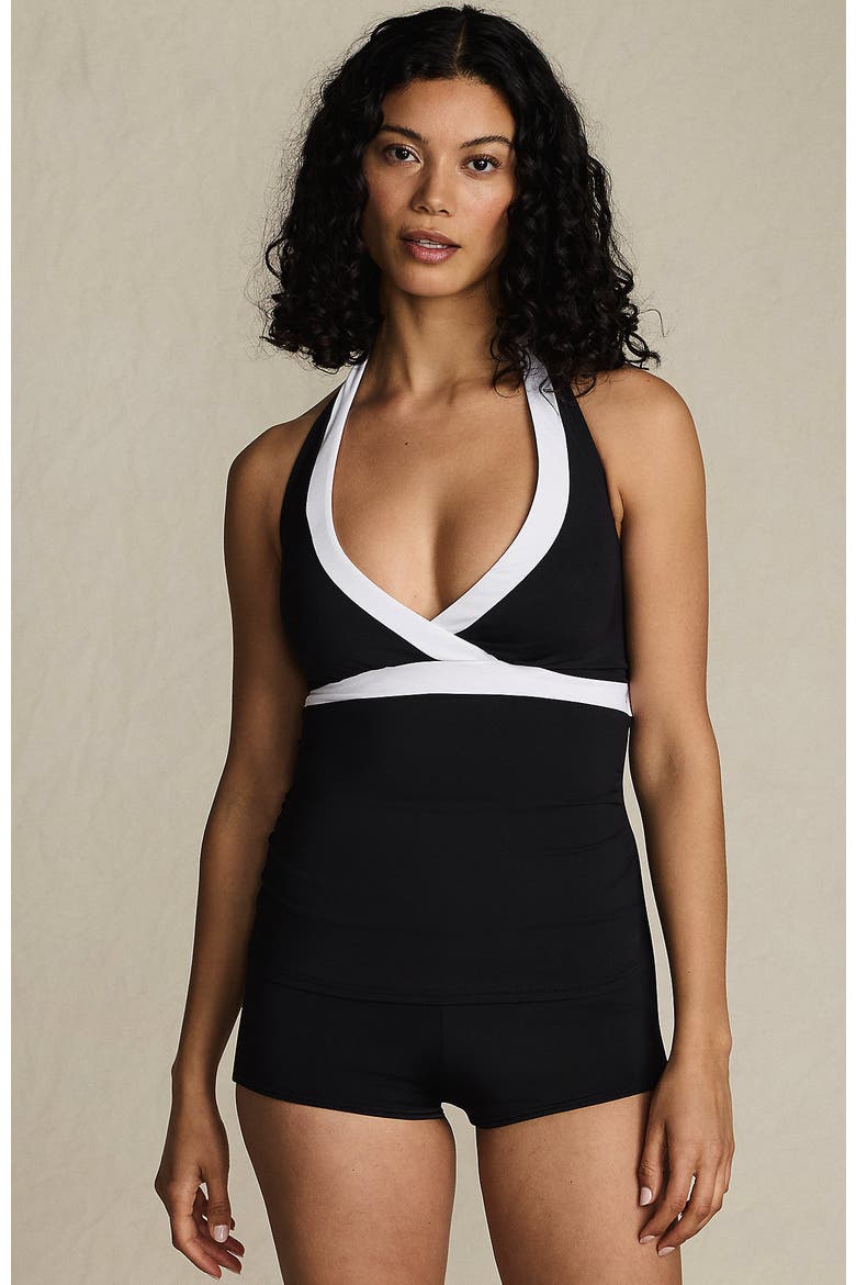 D-Cup Chlorine Resistant V-neck Halter Tankini Swimsuit Top, Main, color, Black/White