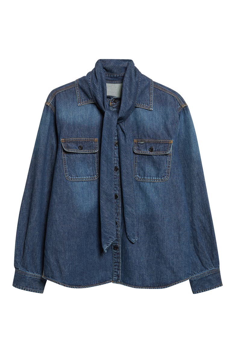 Tie Neck Denim Button-Up Shirt, Main, color, BLUE