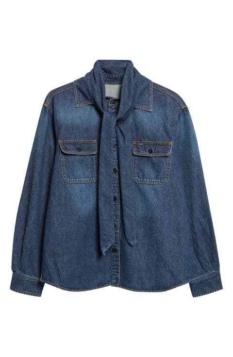 Tie Neck Denim Button-Up Shirt