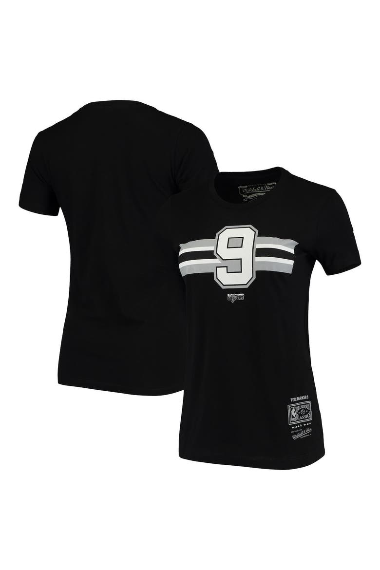 Women's Mitchell & Ness Tony Parker Black San Antonio Spurs Team Stripe V-Neck T-Shirt, Main, color, Black