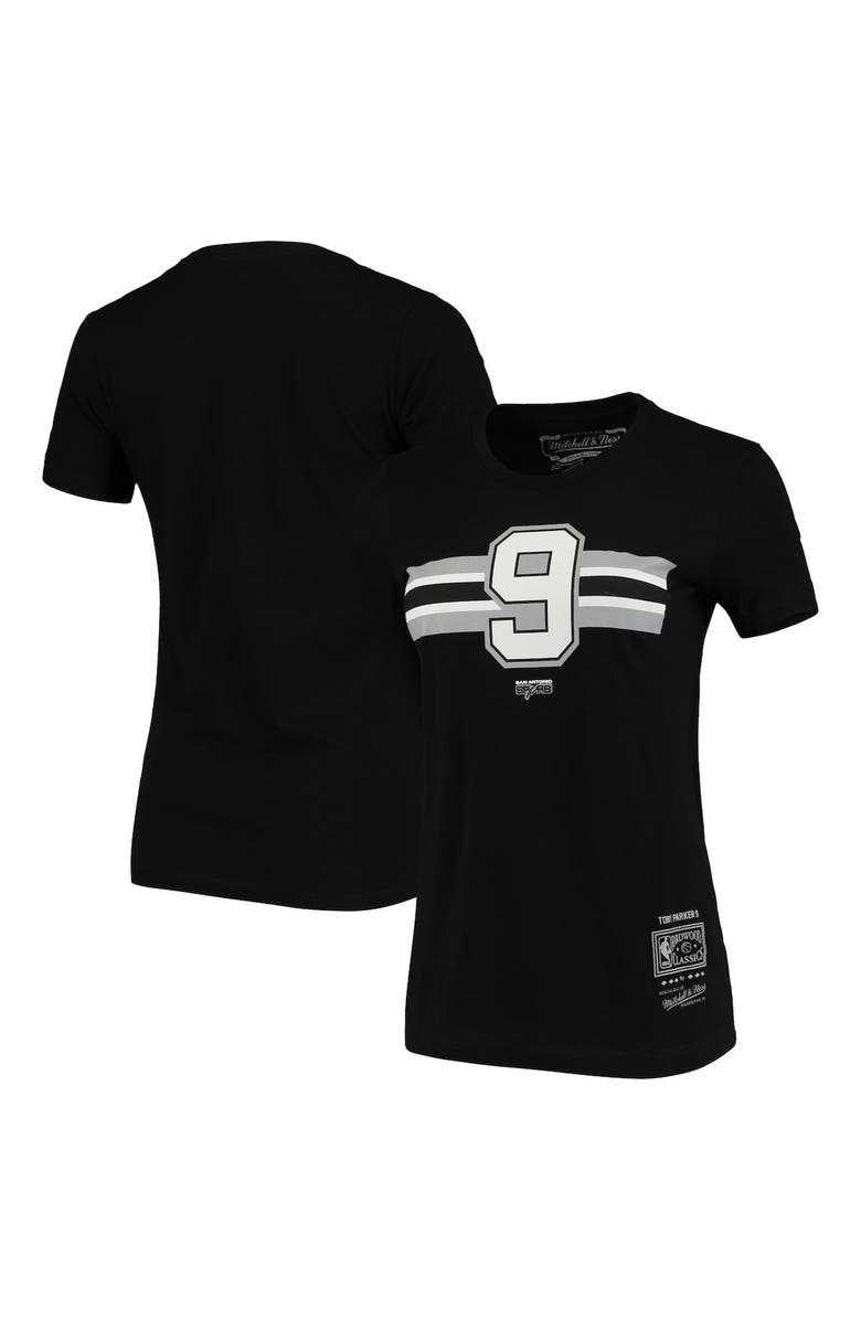 Mitchell & Ness Women's Mitchell & Ness Tony Parker Black San Antonio Spurs Team Stripe V-Neck T-Shirt, Main, color,