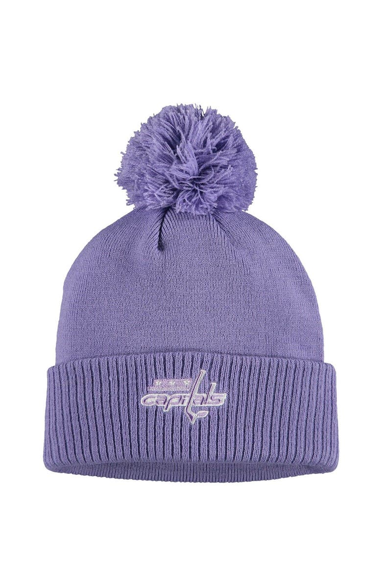 adidas Men's adidas Purple Washington Capitals 2021 Hockey Fights Cancer Cuffed Knit Hat with Pom, Main, color,