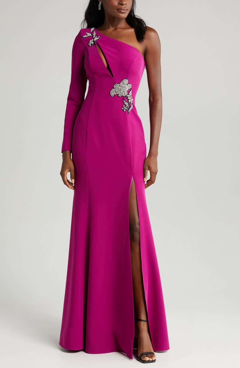 Marchesa Notte Floral One-Shoulder Long Sleeve Gown, Alternate, color, 