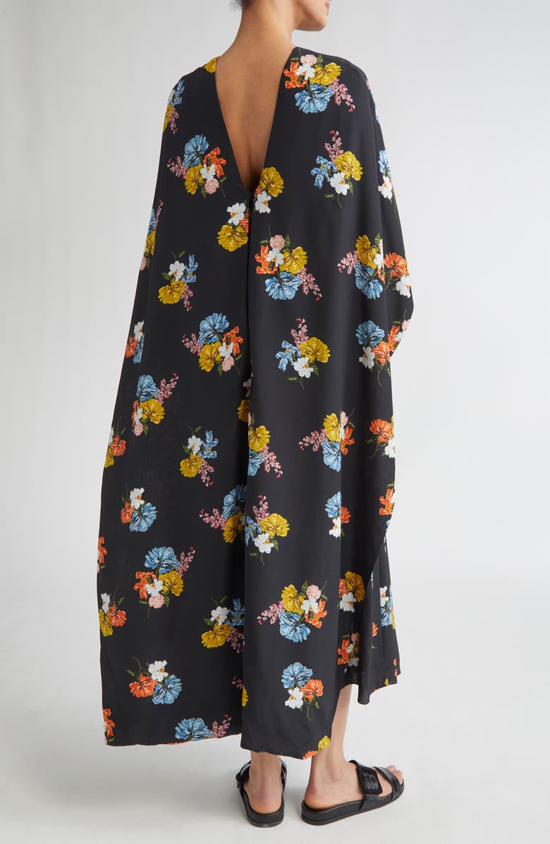 Emilia Wickstead Alphonse Floral Silk Crêpe de Chine Cape Dress, Alternate, color, Retro Bouquet On Black