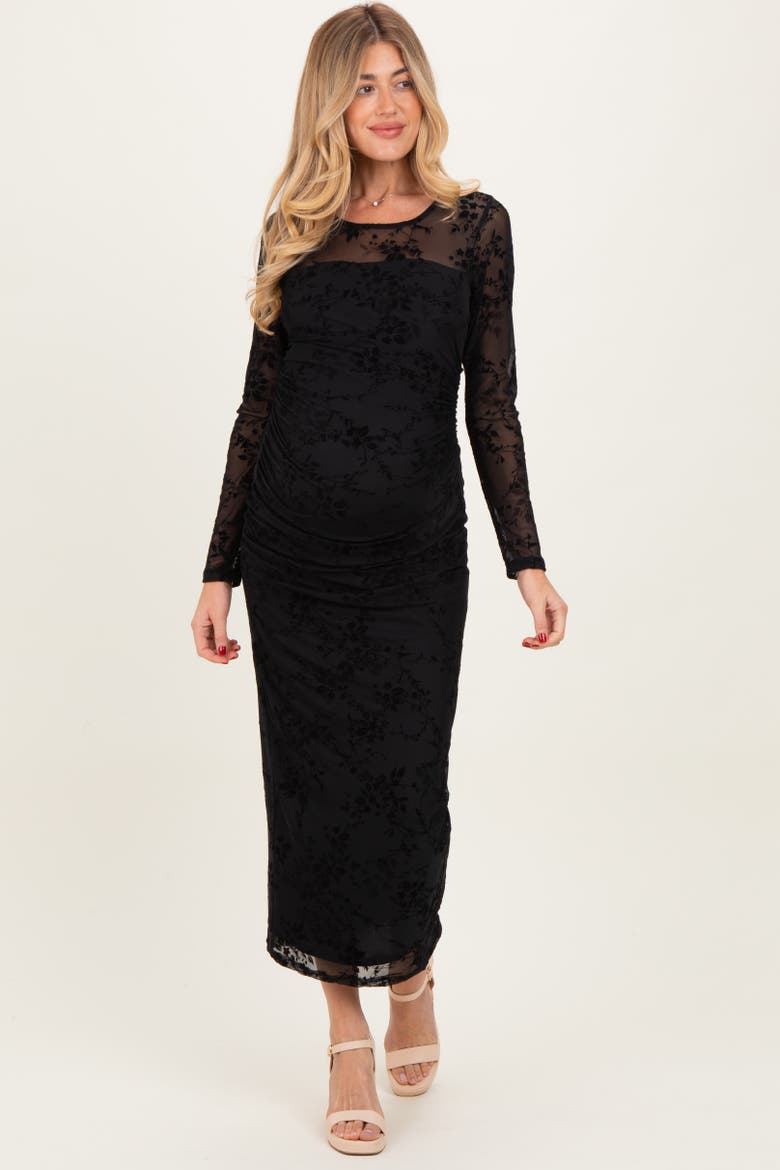 Floral Flocked Mesh Long Sleeve Midi Dress, Alternate, color, Black