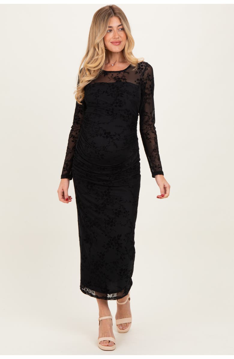 PinkBlush Floral Flocked Mesh Long Sleeve Midi Dress, Alternate, color, Black