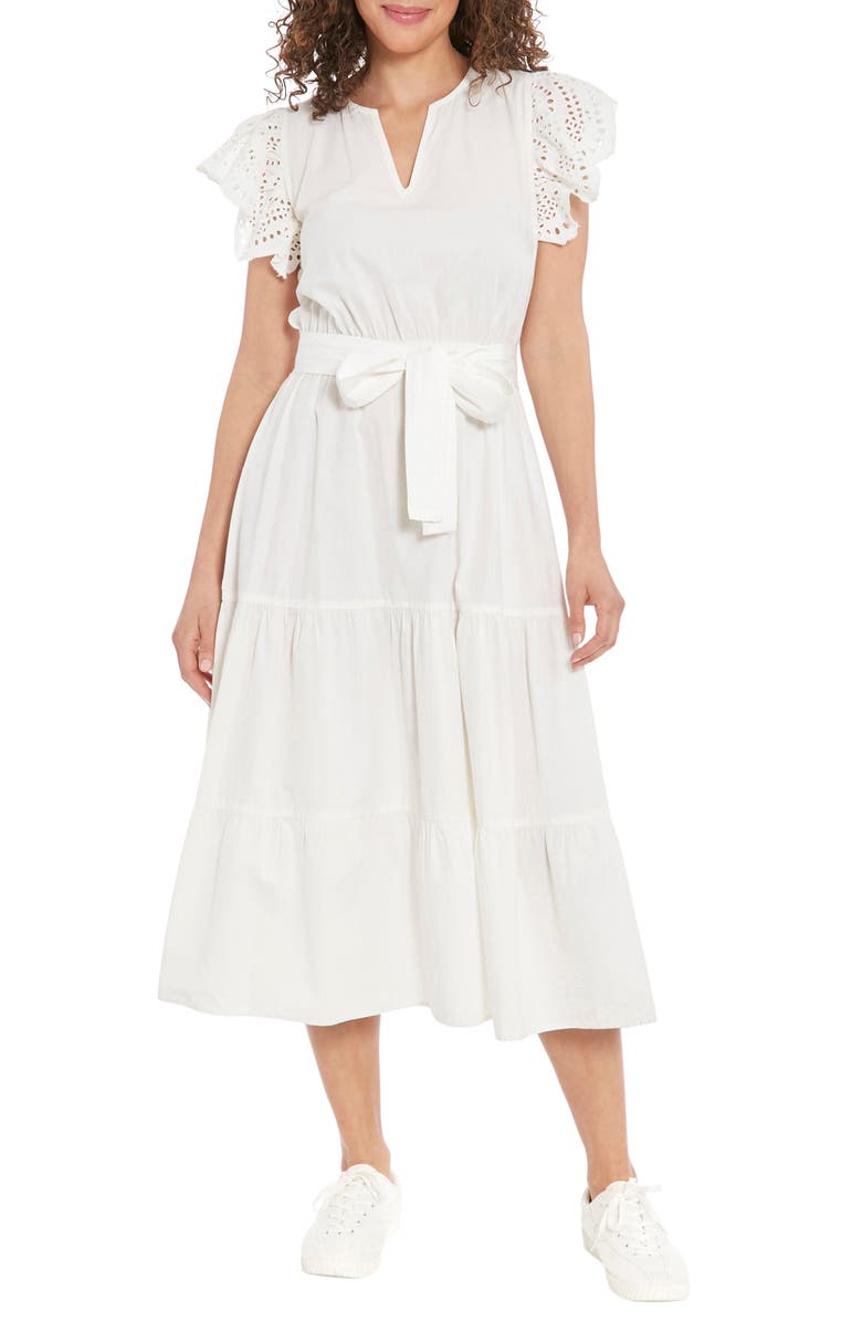 London Times Eyelet Flutter Sleeve Tiered Midi Dress, Main, color,
