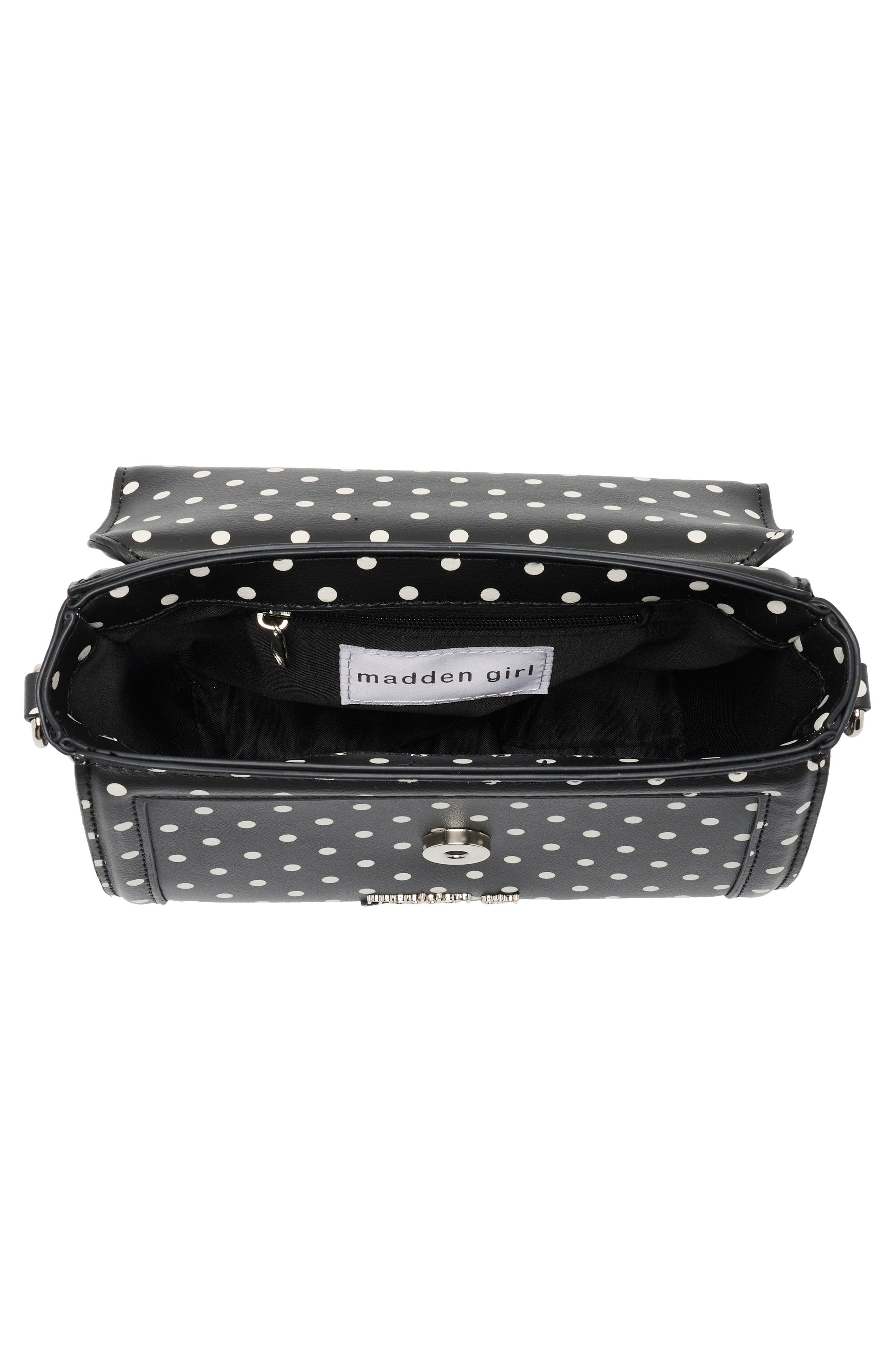 Madden Girl Daisy Charm Top Handle Crossbody Bag, Alternate, color, Black Polka Dots