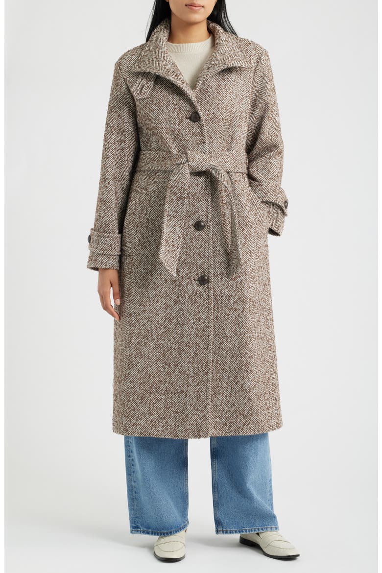 Stand Collar Wrap Coat, Main, color, BROWN HERRINGBONE